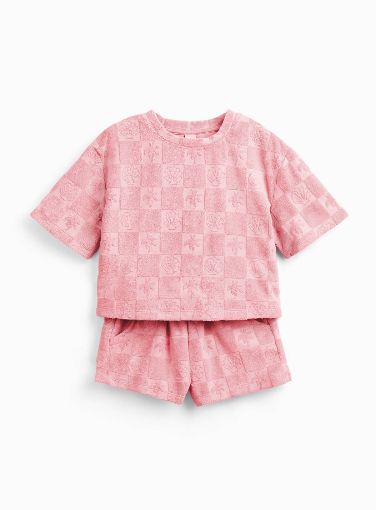Pink Checkerboard Print T-Shirt & Shorts Towelling Set 4-5 years - Image 1
